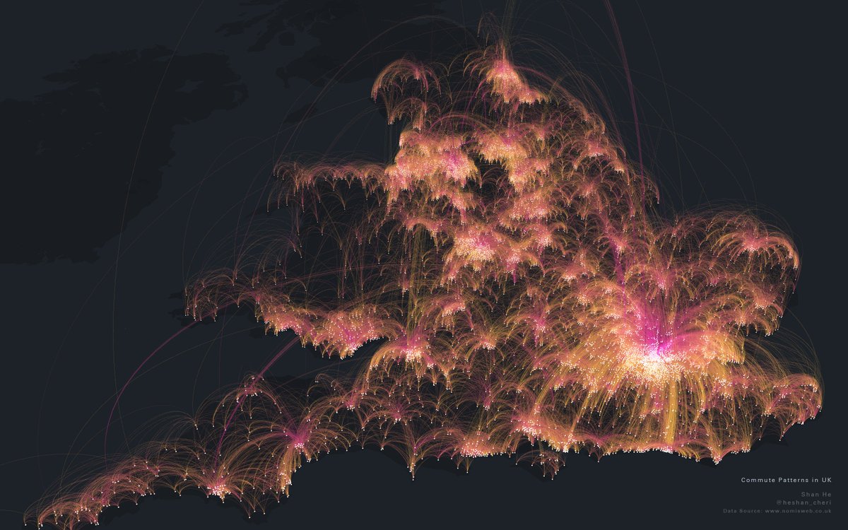 heshan_cheri's tweet photo. Mapping UK Commute Pattern with 700k arcs in 3d using https://t.co/SqbQgo2asx. Yellow shows where people live, purple shows where people work. data source https://t.co/8cjDCAxfMl #keplergl #maps @uberEng https://t.co/k1C0YaYEzl