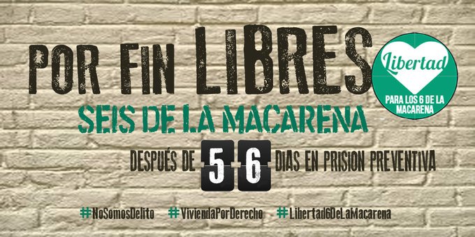 LaCorralaPSH's tweet photo. ¡¡Por fin #Libres!!

Después de 56 días en #PrisiónPreventiva (del 16 feb al 13 abr) quedaron en #LibertadProvisional hasta Juicio #Los6deLaMacarena

#Libertad6deLaMacarena #LibertadPresosPoliticos #NoSomosDelito #ViviendaDigna #DerechoALaVivienda #NiGenteSinCasaNiCasasSinGente https://t.co/Q1kVKNlr15