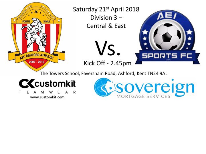 AshfordAthletic's tweet photo. ⚽️⚽️ GAME DAY ⚽️⚽️
📅 21/4/2018
🏆 @kcfl_official #Division3C&E
⚽ Vs. @AEISportsFC
⏰ 2.45pm KO
📍 The Towers School
#UpTheAthletic @customkit https://t.co/uMS0MJgrOm