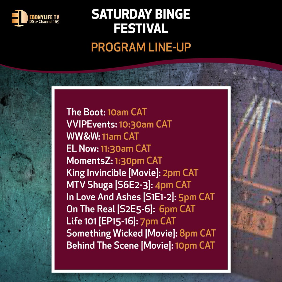 EbonyLife_TV's tweet photo. #ICYMI: Get ready for another saturday with our exciting, thrilling and interesting shows. Tune in to #EbonyLifeTV.
#TheBoot #ELNow #VVIPEvents #MomentsZ #wwandw #MTVShuga #InLoveandAshes #OnTheReal #Life101 https://t.co/CsgJMG1dXp