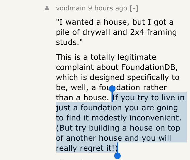 tlossen's tweet image. hackernews thread about #foundationdb is awesome