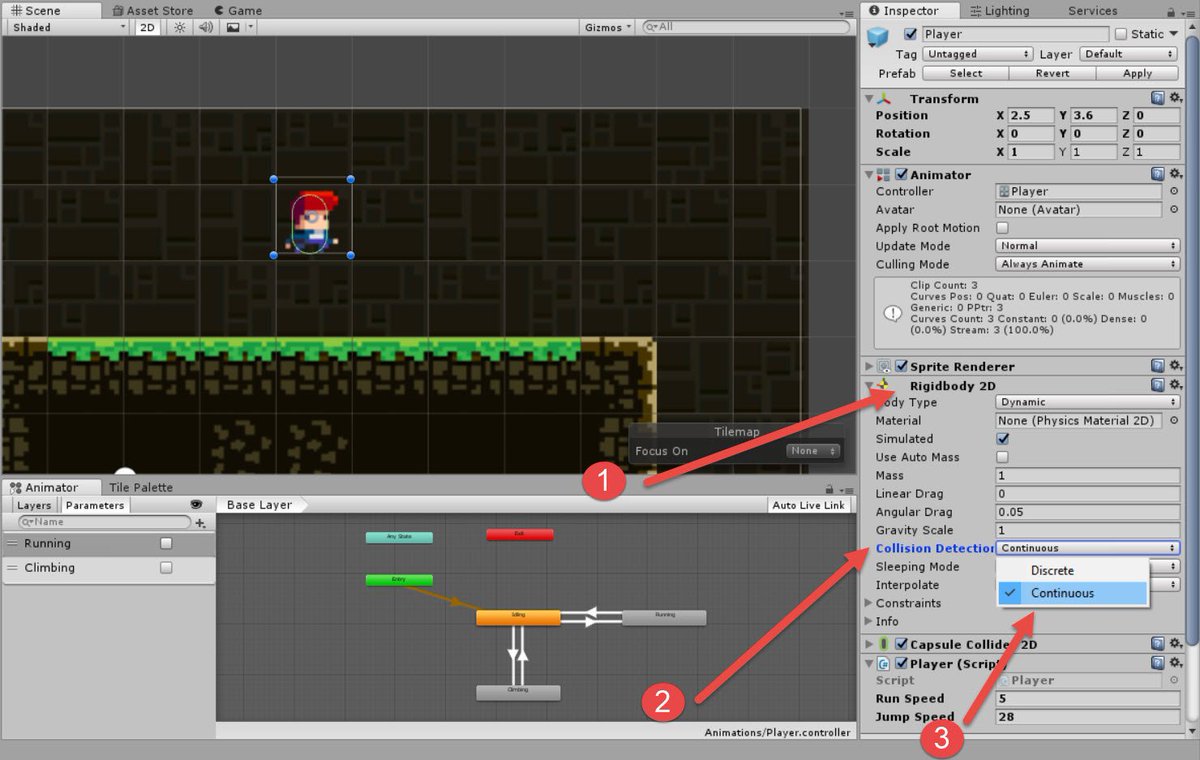 Having trouble with your character falling through the world? Try switching to Continuous Collision Detection in your RigidBody2D Component.
#Unity #gamedev #CU2