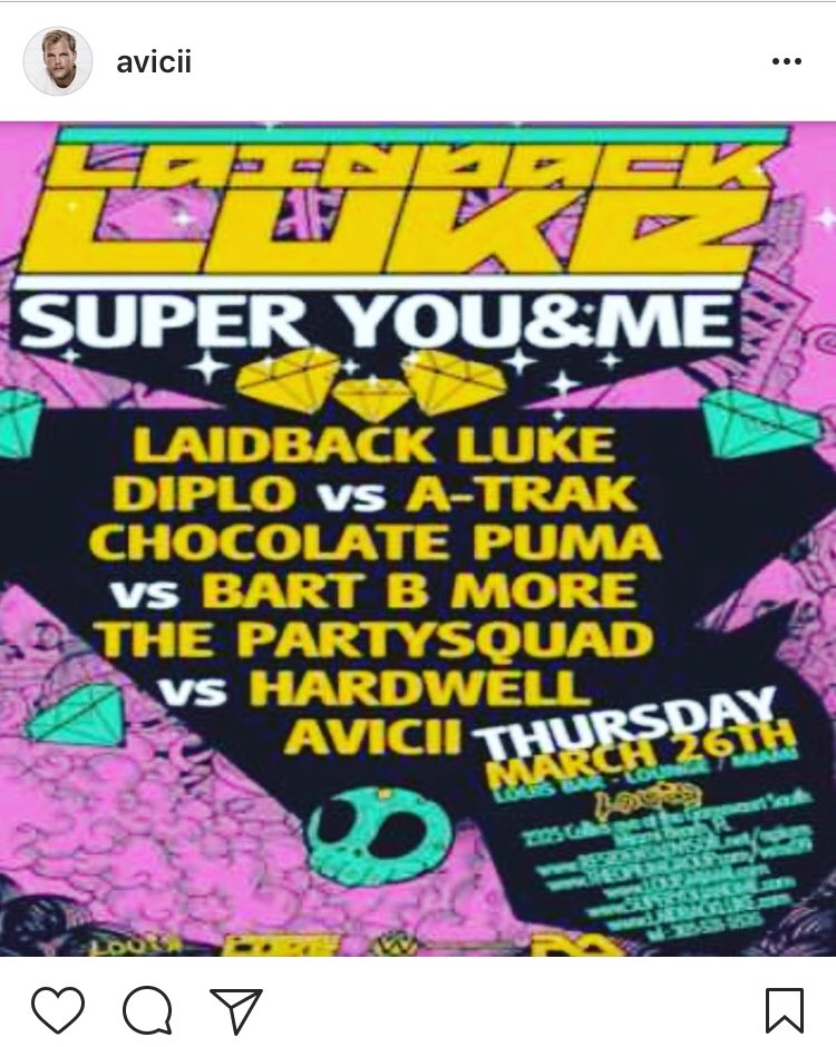 ChocolatePuma's tweet photo. In 2009 @LaidbackLuke threw this party in a super small venue in miami that could hold maybe 150 people with a line up that later could fill a stadium. It was Avicii’s first gig. Rumor is @diplo was refused at the door? 😅 https://t.co/520MbovCWz