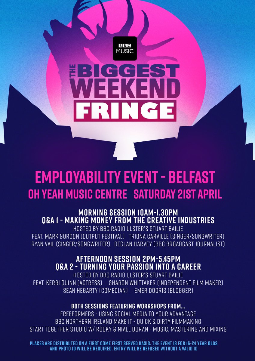 BBCSounds's tweet image. Aged between 16-24 in #Belfast? 
Head to our free #BiggestWeekend Fringe employability event today at The Oh Yeah Centre 😎