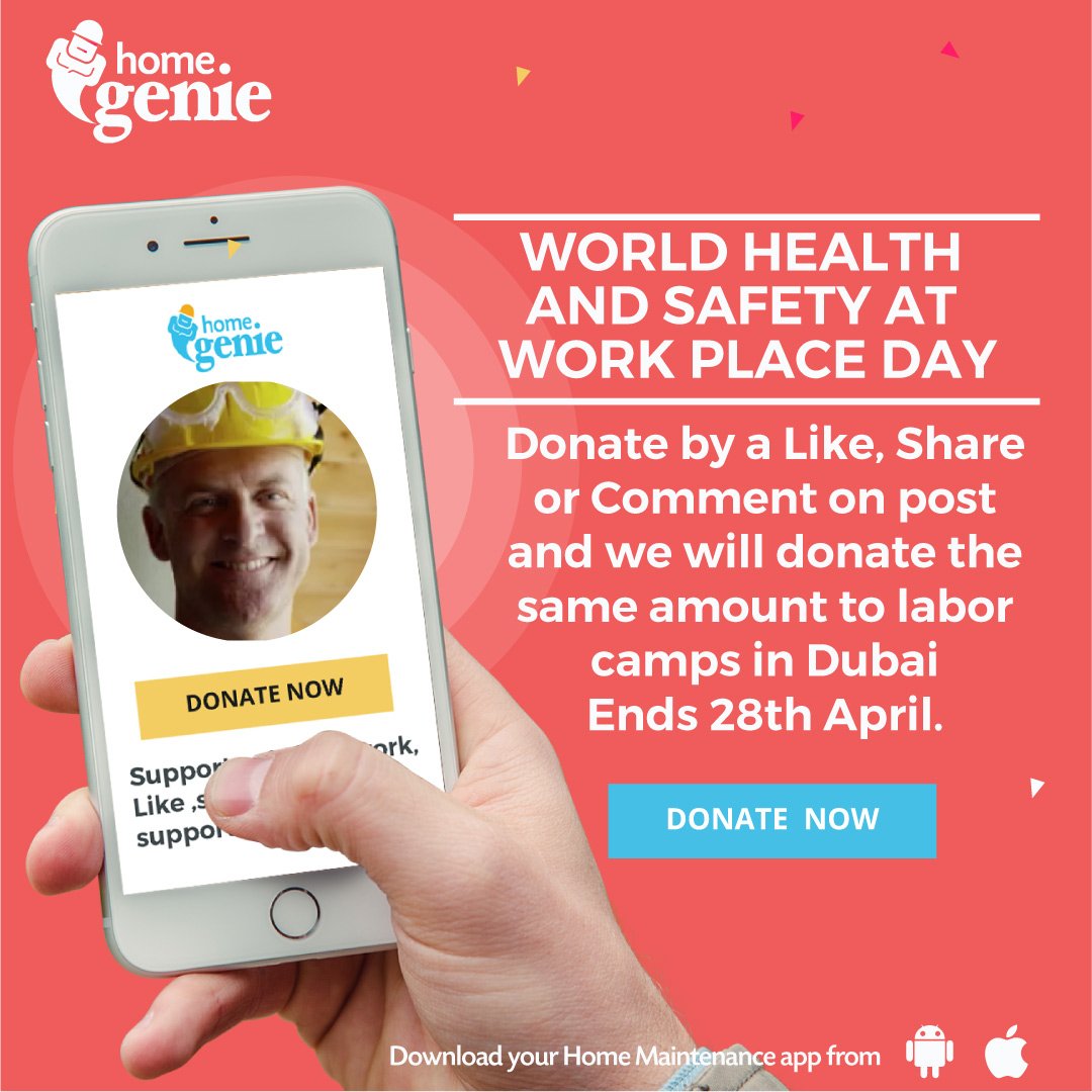 Join your hands with us in our #healthsafetyfirst campaign. For as many likes, shares and comments we collect from you on our Safety and Health Campaign post, we at #HomeGenie will donate an equivalent amount in UAE Dirhams to labor camps in UAE.