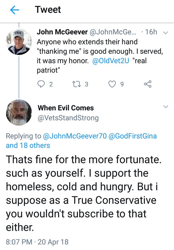 JohnMcGeever70's tweet photo. @OldVet2U @GodFirstGina @bethtcoast @ncar999 @mememayo96 @larryhicks21971 @smartiekat123 @KatsInTheHouse1 @greggterwillig1 @wontbackdown222 @lisak0623 @Ldaught2 @Deplorabell7 @FernBrackens @startpackin @aseeger3 @Katheri19217227 @marabutler67 @ElishaBrockman @bigjohncarter This guy #OldVet2U is a scammer! Talks bad about conservatives while asking for money. I called his bluff and he changed his name to #VetsStandStrong. Dirtbag! Don't be fooled by him read his tweets before you donate anything. https://t.co/xACfSY7W2P