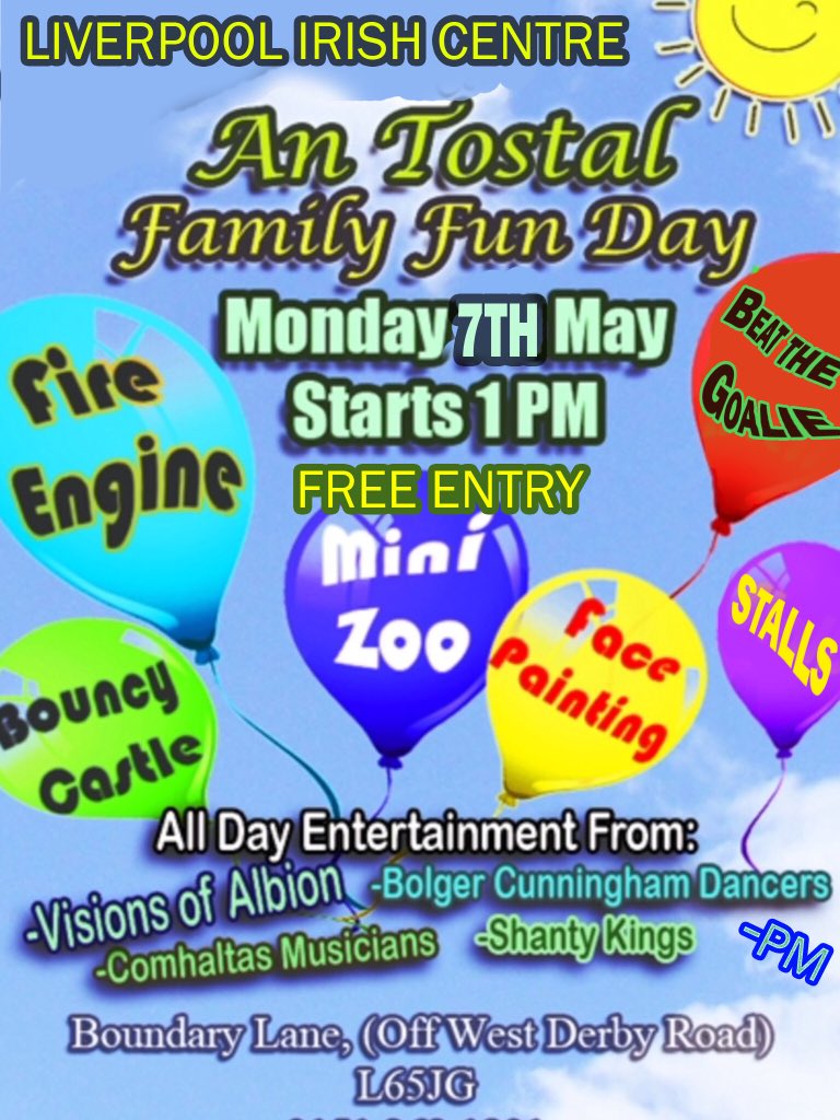 LiverpoolIC's tweet photo. Let’s hope the sun shines on our family fun fundraising day An Tostal, something for everyone,bar and food available,ongoing entertainment on stage and it’s freee https://t.co/VQaHaD5ebi
