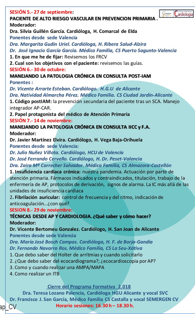 SVCardio's tweet photo. Y por la tarde16.30-18.30h➡️ #Acercap_CV: 
- “Dr, me fatigo”
- Dolor torácico: que hago, con @Miriamsandin y Dr Francisco Ponce, desde @COMAlicante y @IICOMV y en streaming. @SEMERGENap https://t.co/CTImTF6tW7