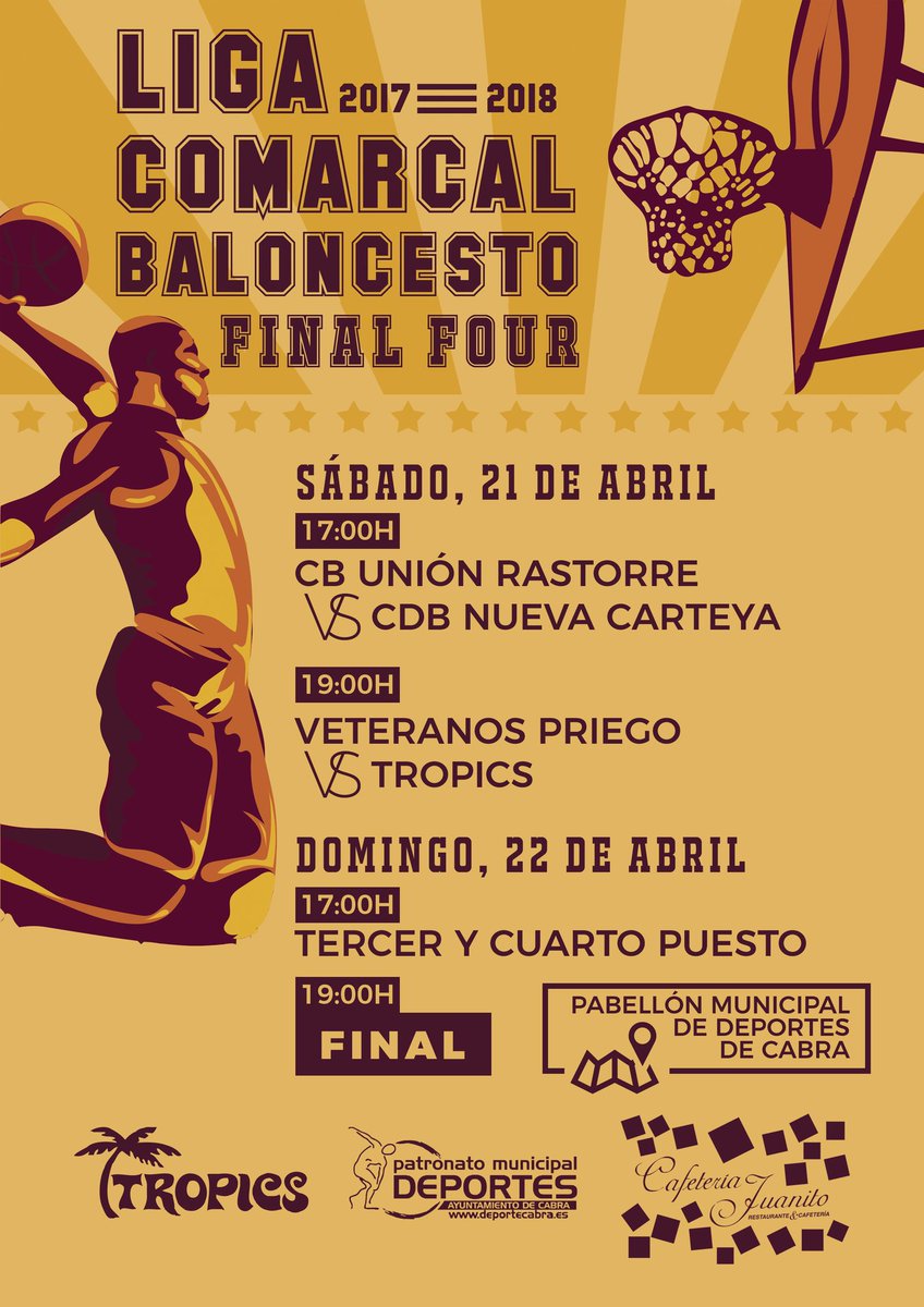 TropicsCabra's tweet photo. ¡¡¡Llega el momento decisivo!!! FINAL FOUR IV LIGA COMARCAL DE BALONCESTO, los próximos 21 y 22 de Abril en el Pabellón Municipal de Deportes de Cabra. #IVLigaComarcal #FinalFour #Baloncesto #Basketball #WeLoveThisGame 🏀🏆 https://t.co/dUscjovOoR