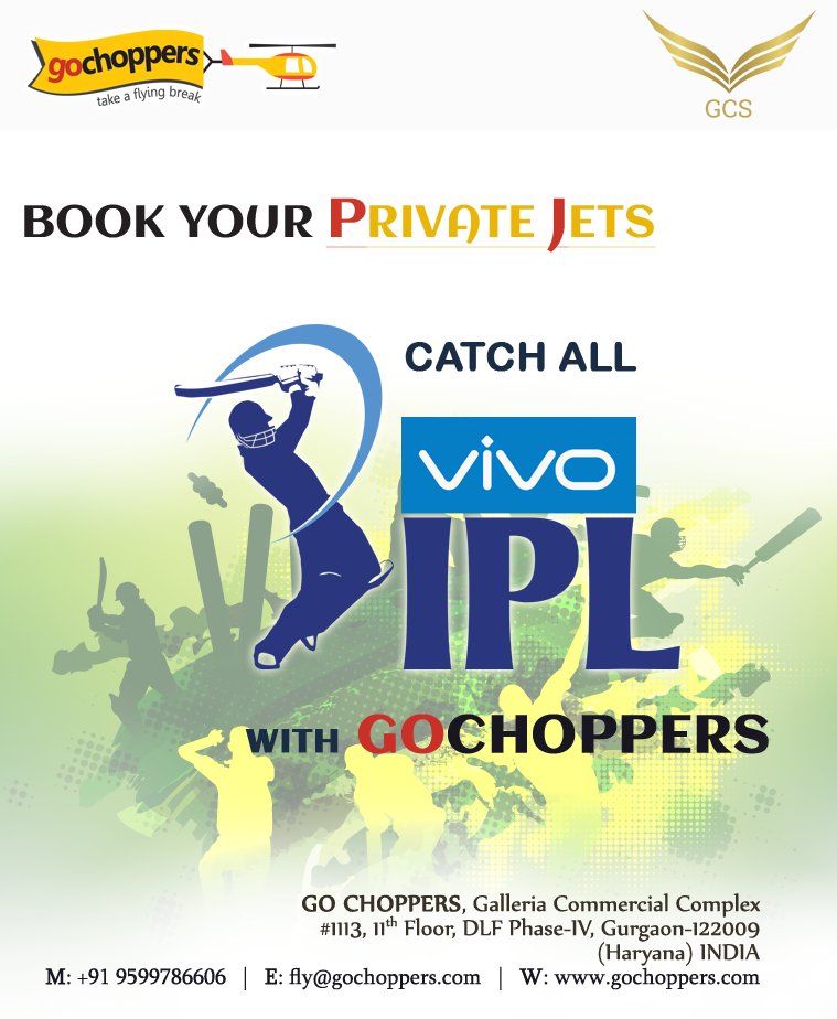 GoChoppers's tweet photo. Book Your Private Jets to Catch all the @IPL 2018 Events.

Call + 91 95 99 786 606 or Email : fly@gochoppers.com
https://t.co/7jVNgKP74B 

#IPL2018 @mipaltan @ChennaiIPL @KKRiders @DelhiDaredevils @SunRisers @rajasthanroyals @RCBTweets @lionsdenkxip #GoChoppers https://t.co/IQMzjiyvXM