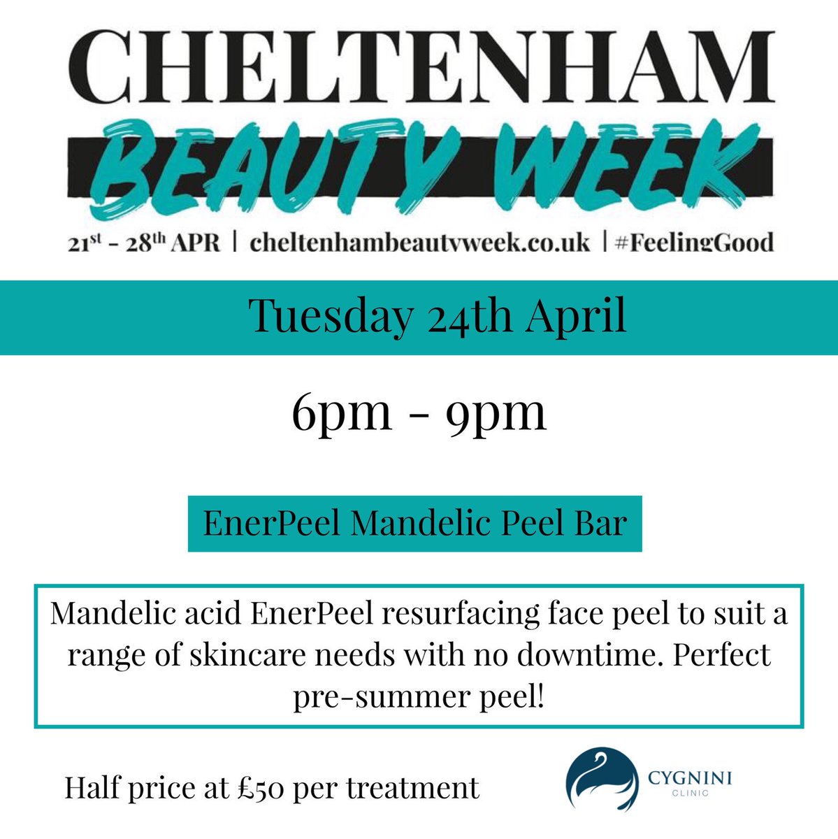 CygniniClinic's tweet photo. #CheltenhamBeautyWeek is next week and we have incredible offers and events!

Here’s Tuesdays line up of events:
10am - 4pm: MySkin Consultations (free)
6pm - 9pm: HALF PRICE facial peels and microdermabrasion! 

Don’t forget Monday’s offer of 50% off all EnerPeel facial peels! https://t.co/iMcCiN3xZc