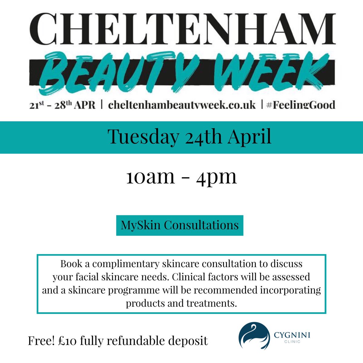 CygniniClinic's tweet photo. #CheltenhamBeautyWeek is next week and we have incredible offers and events!

Here’s Tuesdays line up of events:
10am - 4pm: MySkin Consultations (free)
6pm - 9pm: HALF PRICE facial peels and microdermabrasion! 

Don’t forget Monday’s offer of 50% off all EnerPeel facial peels! https://t.co/iMcCiN3xZc
