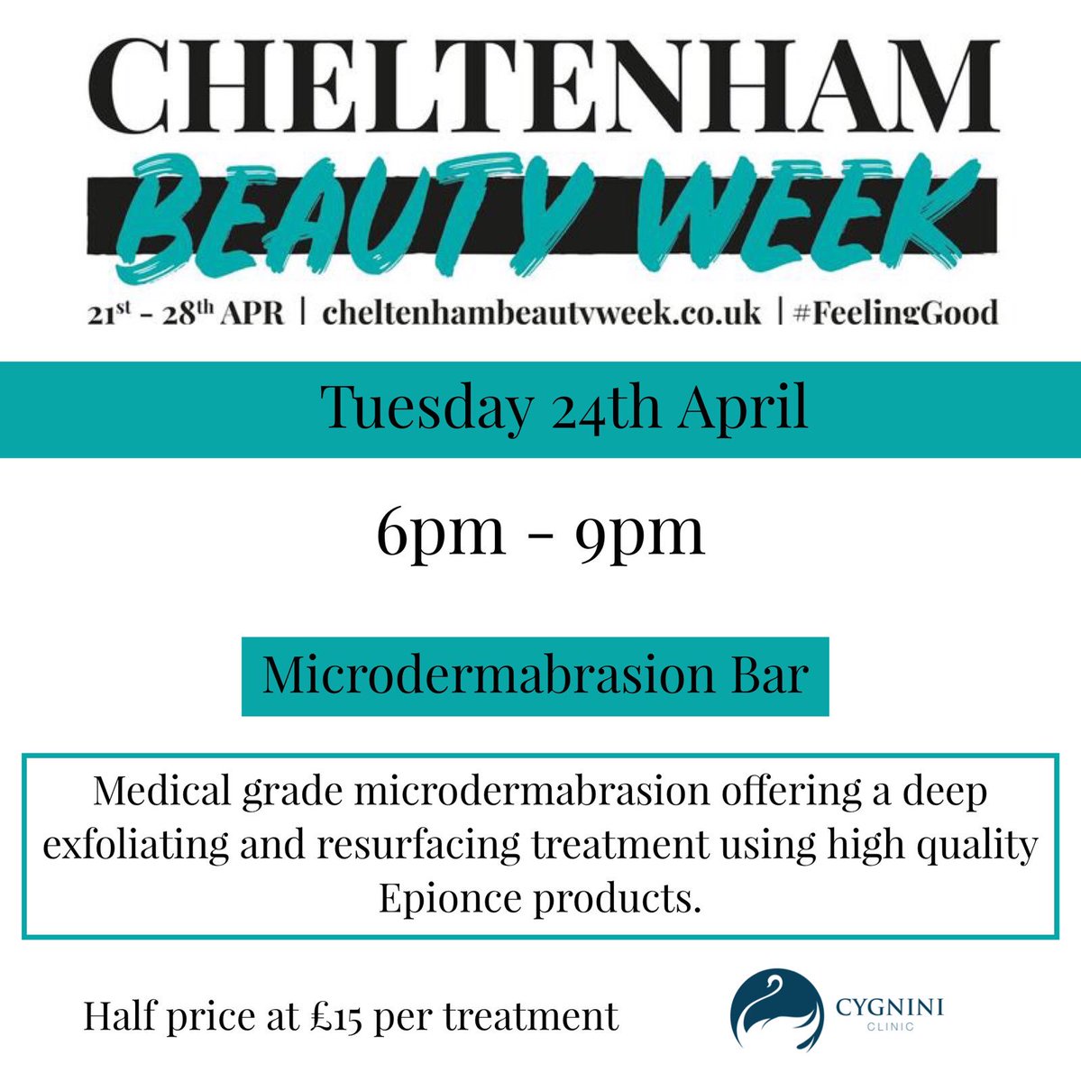 CygniniClinic's tweet photo. #CheltenhamBeautyWeek is next week and we have incredible offers and events!

Here’s Tuesdays line up of events:
10am - 4pm: MySkin Consultations (free)
6pm - 9pm: HALF PRICE facial peels and microdermabrasion! 

Don’t forget Monday’s offer of 50% off all EnerPeel facial peels! https://t.co/iMcCiN3xZc