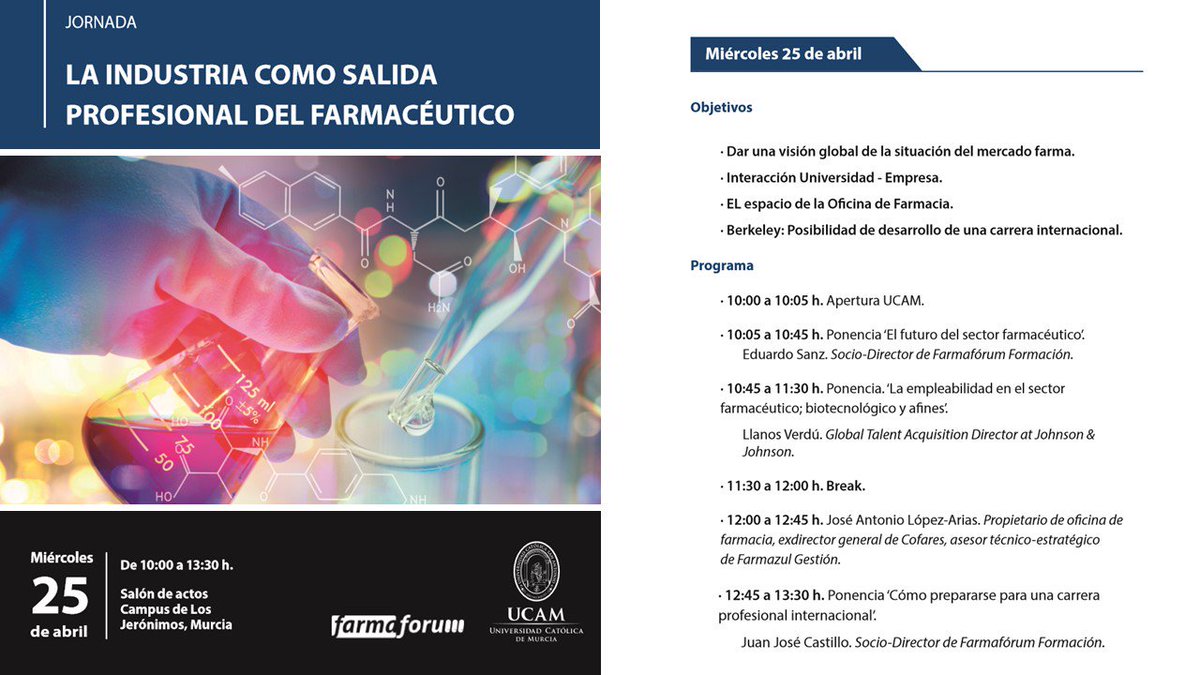 El próximo miércoles 25 de abril estaremos en la <a href="/UCAM/">UCAM Universidad</a> presentando "La Industria como salida profesional del Farmacéutico". Pásate a conocernos e infórmate además de nuestro programa internacional y de posgrado.