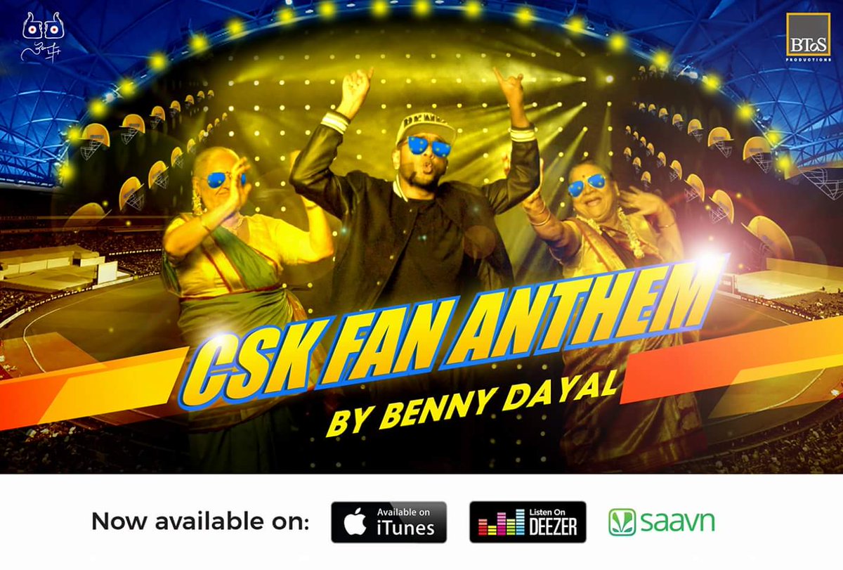 Benny_Dayal's tweet photo. Here's one more good news for all the CSK fans. The CSK Fan Anthem is now available on iTunes, Saavn and Deezer.

iTunes/Apple Music: https://t.co/Fg0vldIu9i
Deezer: https://t.co/lJeIDdAGuq
Saavn: https://t.co/ggwKMkROaj
 
Keep supporting!!!

#CSKFanAnthem #CSK https://t.co/UQtgTa5mWq