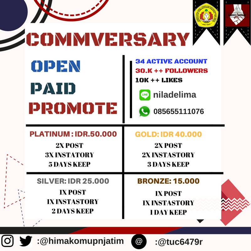 [OPEN PAID PROMOTE DIESNATALIS COMMVERSARY 2018]

Kabar gembira bagi para pebisnis online yang ingin mengembangkan bisnis baik jasa maupun produk| CP Id : niladelima/Wa :085655111076
#paidpromote #paidpromotesby #upnvjt #commversary2k18 #himakom #diesnatikom #kabinetrevolusi