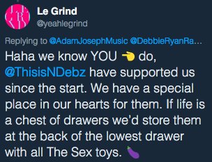 ThisisNDebz's tweet photo. Next on-air: What a fabulous excuse (as if we needed one) to play @yeahlegrind  - (Re: vis-a-vis message below ❤️, straight back 'atcha!) The world needs more Le Grind in it. Who do we have to sleep with to fix this! WHO! x  

@Gaydio 11am - 1pm Neil &amp; Debbie x https://t.co/i87fA4hHed
