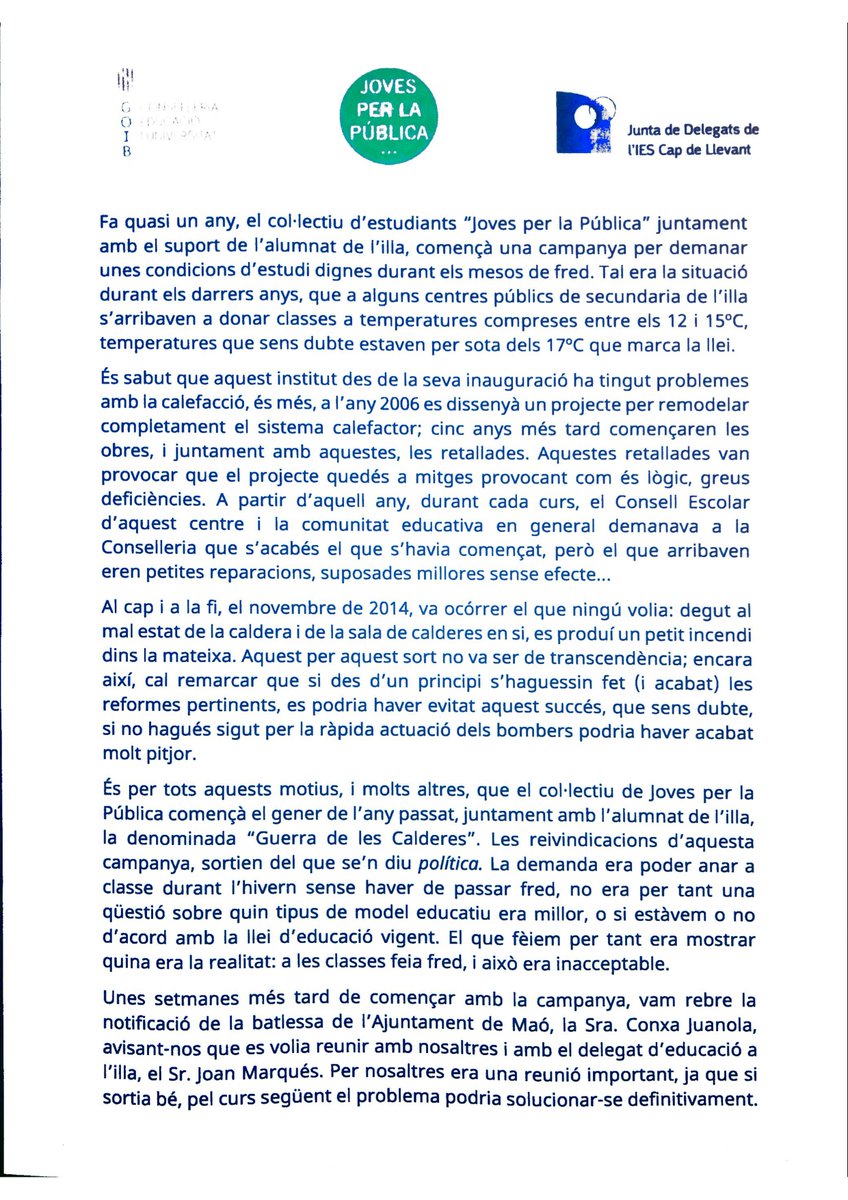 jovesxpublica's tweet photo. 🔴 El passat dimecres dia 18, la Junta de Delegats de l'@IesCapDeLlevant i JxP signà juntament amb el Conseller d'Educació i Universitat de les Illes Balears (@EDUN_IB) el Tractat de Pau de la Guerra de les Calderes! https://t.co/V3Yj2veu5u
