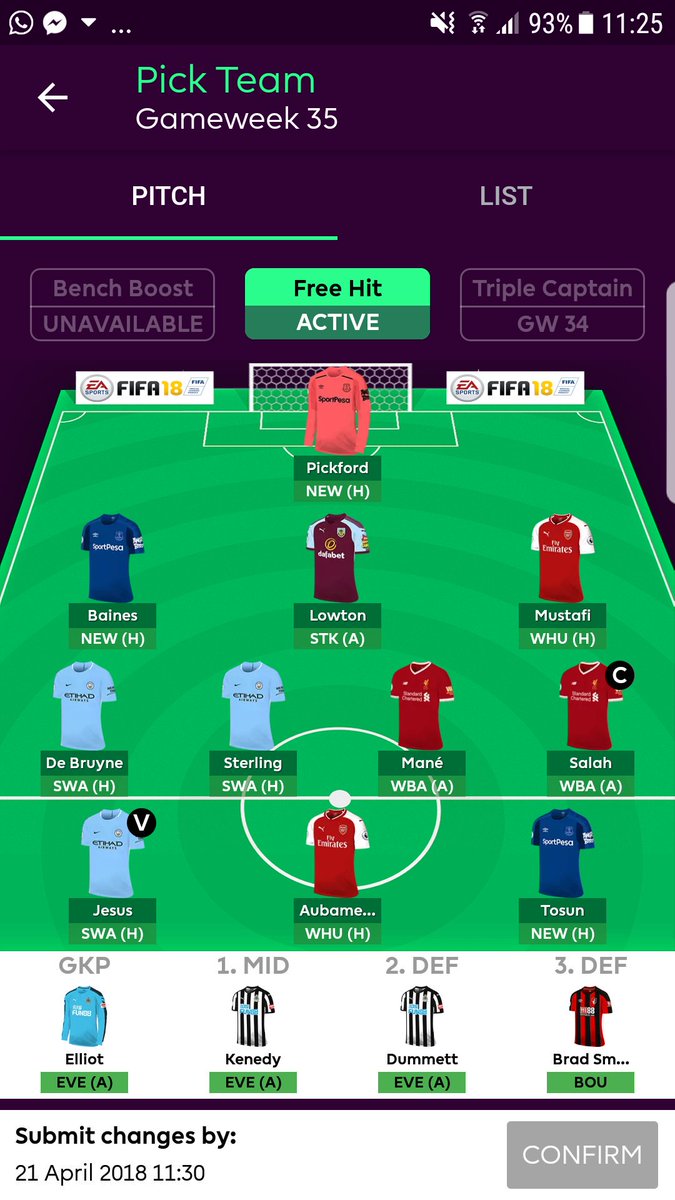 FPLDraftDon's tweet photo. Fairly happy with this #freehit #GW35 team #FPL https://t.co/qvbTLHc2XC