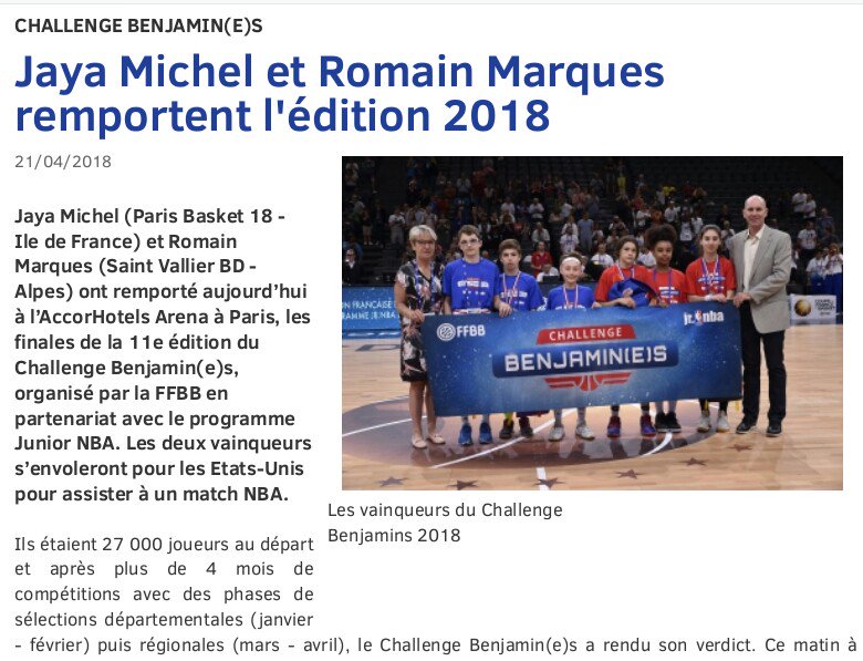 MassyBasket's tweet photo. #ChallengeBenjamin
Résultats des filles
1- Jaya Michel (Ile de France) 46 pt
2- Lucie Carle (Bourgogne) 45 pt
3- Flavie Blancheton (Auvergne) 45 pt
Résultats des garçons
1- Romain Marques (Alpes) 63 pt
2- Pierre Hourne-Raubet (Pyrénées) 60 pt
3- Tom Desbenoit (Lyonnais) 57 pt https://t.co/fRHvVklzDe