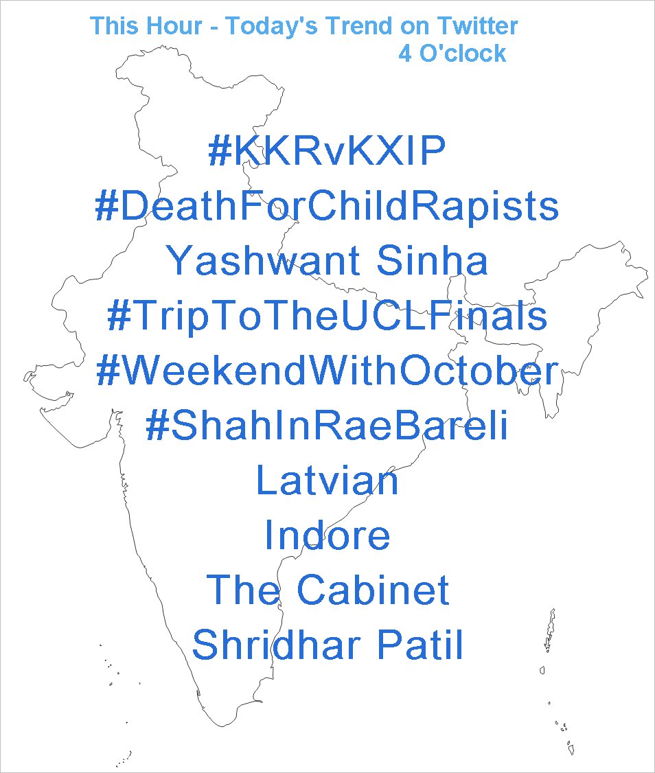 Trends247's tweet photo. 🕓 04:15 PM IST
#KKRvKXIP
#DeathForChildRapists
Yashwant Sinha
#TripToTheUCLFinals
#WeekendWithOctober https://t.co/YP5vJl8MHi