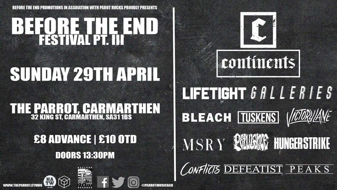 Just over a week until we get to hit uo The Parrot in Carmarthen for this ridiculous show. Who's gonna be down?

@continentsband / <a href="/LIFETIGHTUK/">LIFETIGHT</a> / <a href="/TuskensUK/">Tuskens</a> / <a href="/VictoryLaneUK/">Victory Lane</a>