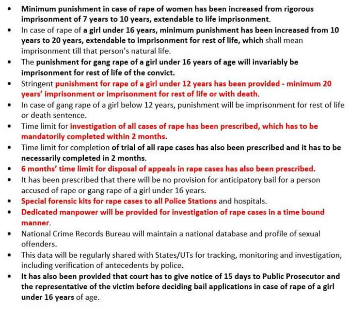 Deepak4Aap's tweet photo. Huge Victory for DCW @SwatiJaiHind

POCSO Act Amendments

1. #DeathForChildRapists 
2. #TimeBoundInvestigation within 2 months
3. 6 months time limit for disposal of cases
4. Fast Track Courts
5. Proper Forensic Equipments
6. Dedicated Manpower https://t.co/b4AkGhjaqR