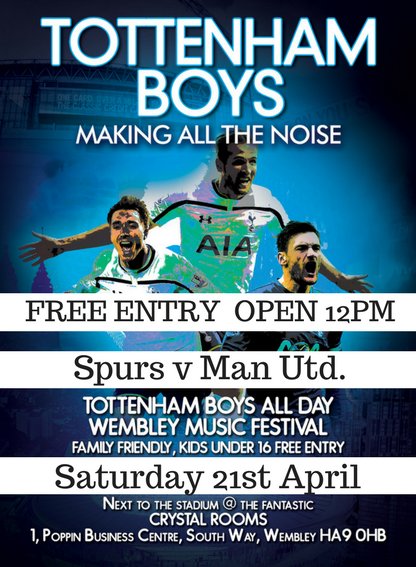 SpursNoise's tweet photo. SEMI FINAL PARTY - FREE ENTRY  - FREE ENTRY 
 @ WEMBLEY CRYSTAL ROOMS
 SPURS BIGGEST AND BEST VENUE. OPEN FROM 12PM 

 HOSTED BY THE LEGENDARY TOTTENHAM RABBI  LEE WILDER,  WITH LIVE BAND UB4T PLAYING ALL THE BEST IN SKA REGGAE AND UB40 
 THE MATCH IS BEING SHOWN https://t.co/i6OMx6r61X