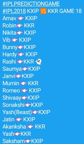 Akshay_Brigade's tweet photo. #IPLPREDICTIONGAME
#IPL2018 KXIP ๐ KKR GAME 18 https://t.co/fJBqyaXOE5