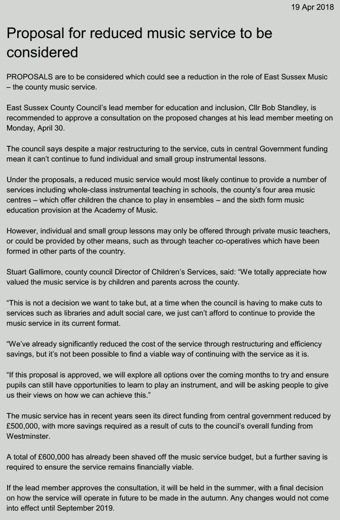 johnjmsboyd's tweet image. Have you seen whats happening to music for children in E Sussex? A rural county, previously with all party support, now tearing up its commitment to equal opportunity for instrumental music and vocal provision @HastingsObs @Hastings_Pier @HIPCC @HastingsPhil @Barefoot_Opera