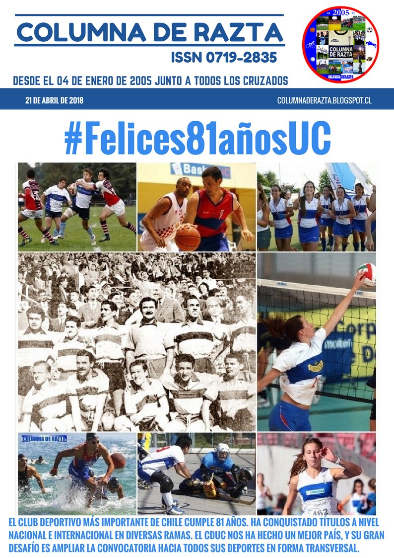 Edición de hoy 21 de abril de 2018: #Felices81AñosUC

columnaderazta.blogspot.cl/2018/04/edicio…

#LosCruzados
#CDUCenelcorazón