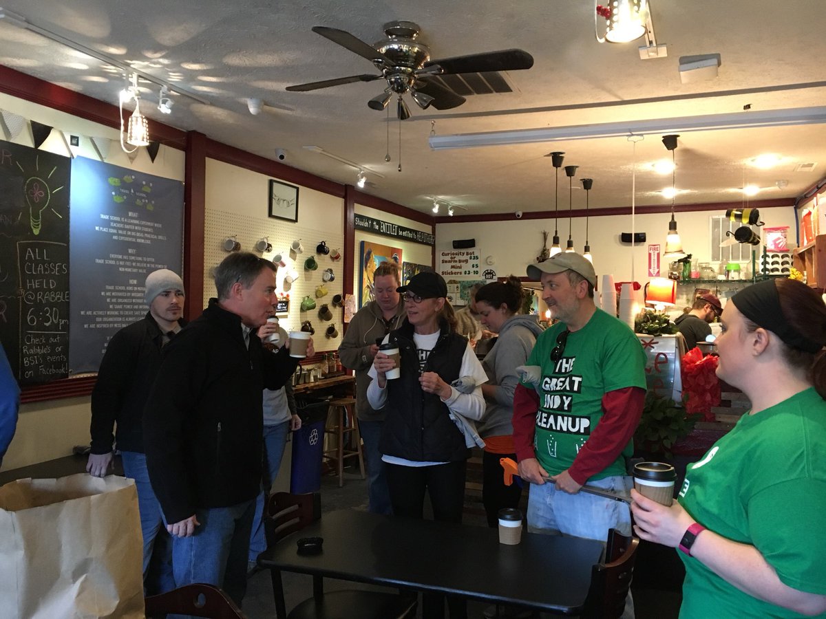 IndyMayorJoe's tweet photo. Today, we’re jumpstarting the #EarthDay celebration by joining in efforts to clean, green, and beautify Indianapolis neighborhoods. 

First stop, @RabbleCoffee to help kick off a cleanup in the St. Clair Place neighborhood. #itsmycity https://t.co/YdvxfRmKkU