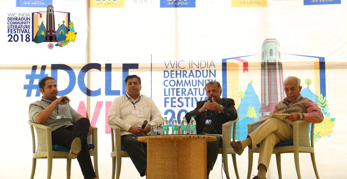 WIC_India's tweet photo. Catch a glimpse of the closing session "#IndiaPakistan Problem & the way forward"- #Rishi Suri in conversation with #LtGenKamalDavar, #TCARaghavan and #WajahatHabibullah held at #DehradunCommunityLiteratureFestival at #WICIndiaDehradun. https://t.co/CiYBhiJdBC