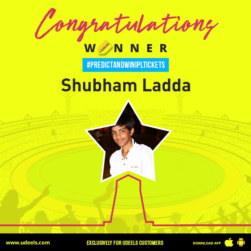 Udeels_India's tweet photo. Congratulations Shubham Ladda! Share with us some of your moments at the game tomorrow. 
For all the participants, the contest is still on!
Better your chances of winning, #DownloadTheApp!
#IPL2018 #Contest #PredictAndWinIPLTickets https://t.co/xwHuPIDCLv