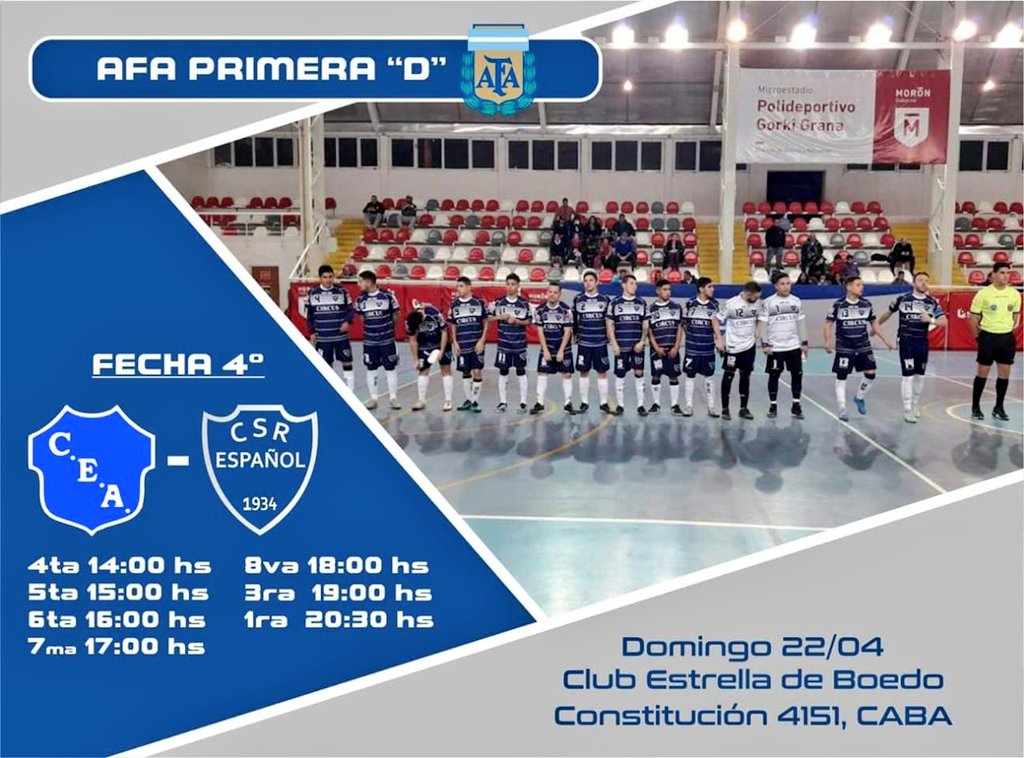 Domingo 22/4 en Estrella de Boedo
<a href="/FutsalEstrada/">Estrada De Almagro</a> vs <a href="/centroefutsal/">Centro Español Futsal AFA</a>