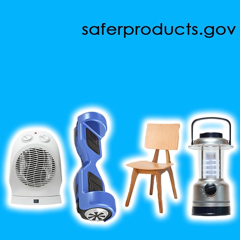A blue background with four products in a row. A space heater, a hoverboard, a chair, and an electric lantern.