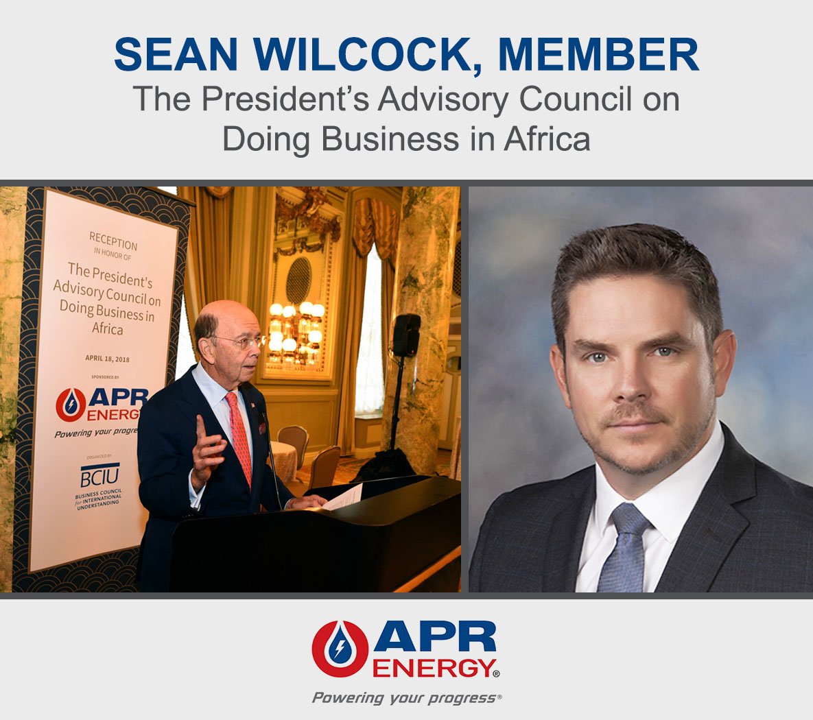 aprenergy's tweet photo. Earlier this week, the #APREnergy team attended a special reception in Washington D.C. organized by the @BCIU. During the event, @SecretaryRoss announced the addition of 3 new members to the PAC-DBIA. Congratulations to our CCO @wilcock_sean for being selected as a member! https://t.co/AFivXABbQs