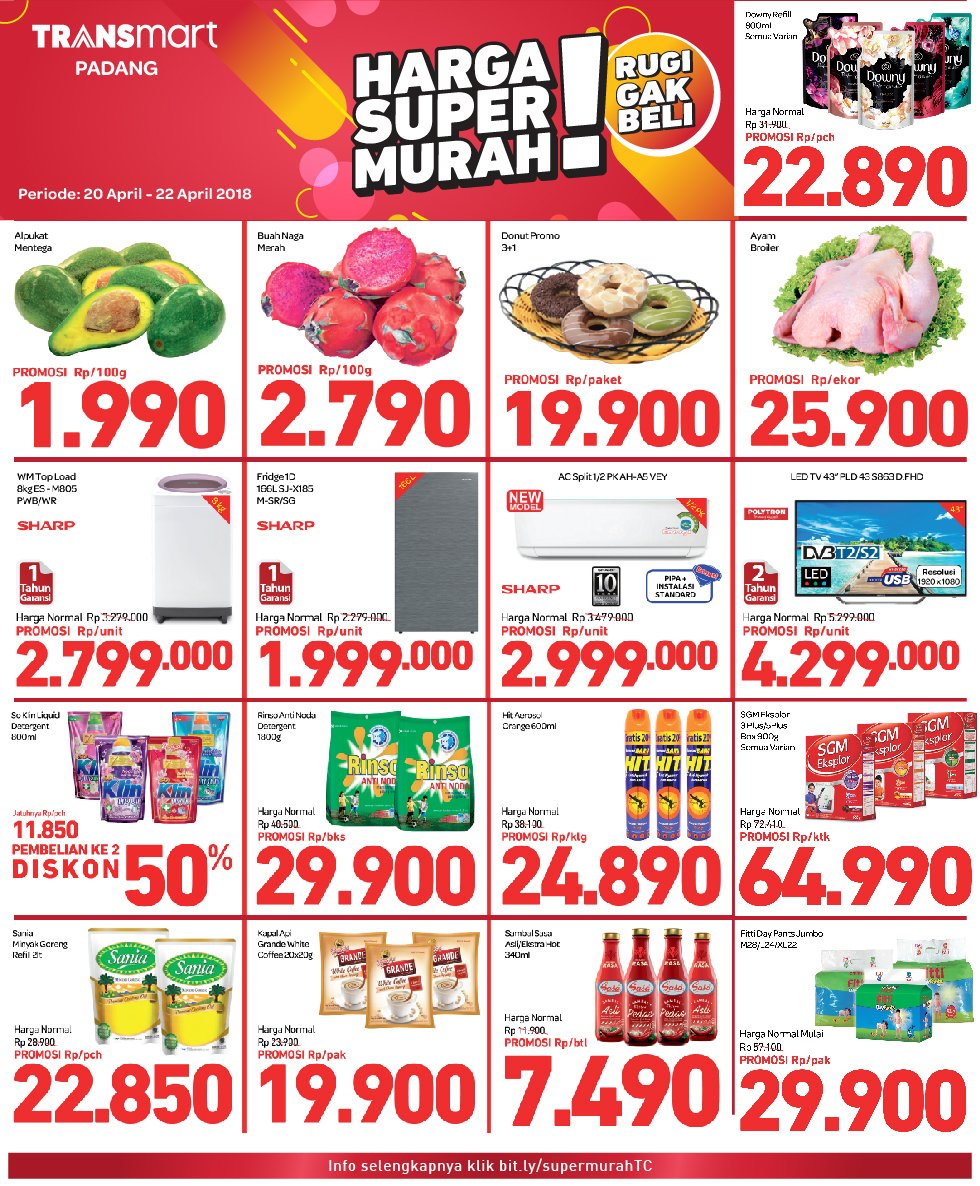 Transmart_IND's tweet photo. SUPER MURAH di Transmart Mataram, Padang, Pekanbaru dan Maguwo Yogyakarta. Serbu segera produk hemat di akhir pekan ini. Promo berlaku 20-22 April 2018.
#PromoHebatTransmart #TransmartCarrefour https://t.co/RpXCHT6gkR