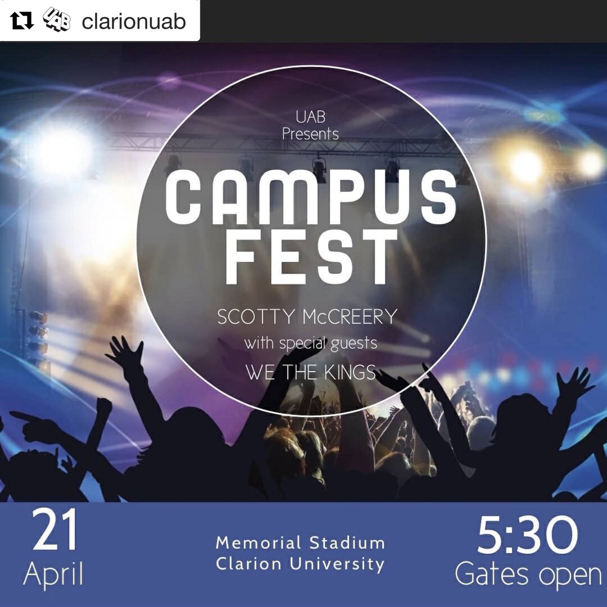 pennwclarion's tweet photo. RT if you’re excited to see @WeTheKings and @ScottyMcCreery TONIGHT at Campus Fest! https://t.co/aEaCCcpcH5