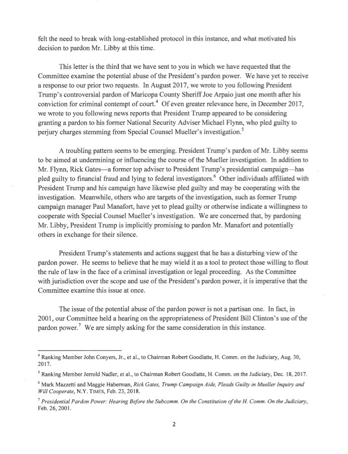 kylegriffin1's tweet photo. Every Democratic member of the House Judiciary Committee is urging Chairman Bob Goodlatte to hold hearings on Trump’s pardon of Scooter Libby. https://t.co/LNx5l6wU1n