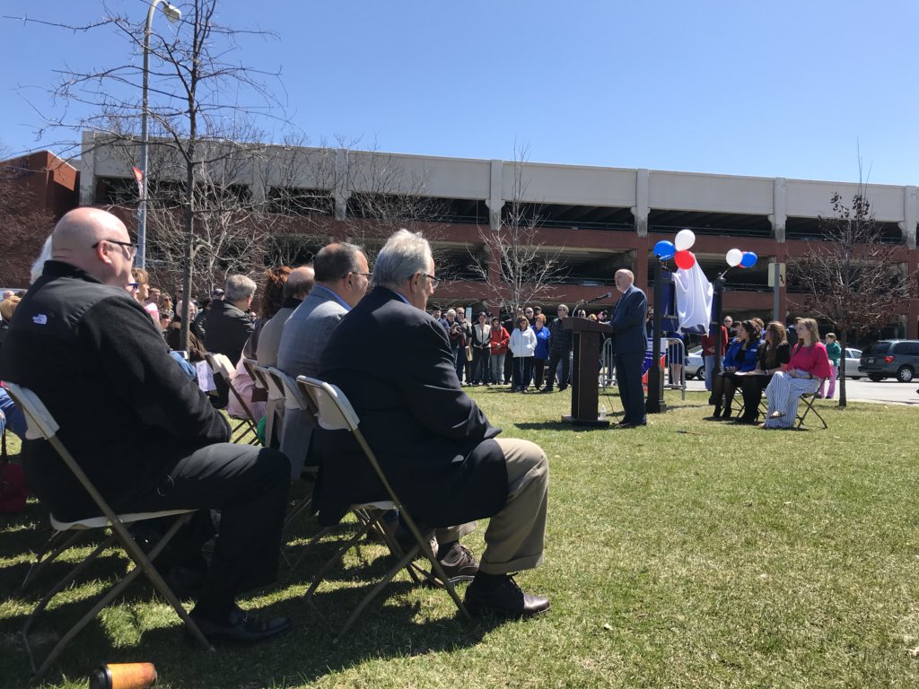 MayorMadden's tweet photo. Incredible show of community support during this afternoon’s ceremony to dedicate “William D. Chamberlain Riverfront Park” and “Chamberlain Way” in honor of the City’s former Director of Operations. #TroyNY https://t.co/9qheWJonZG