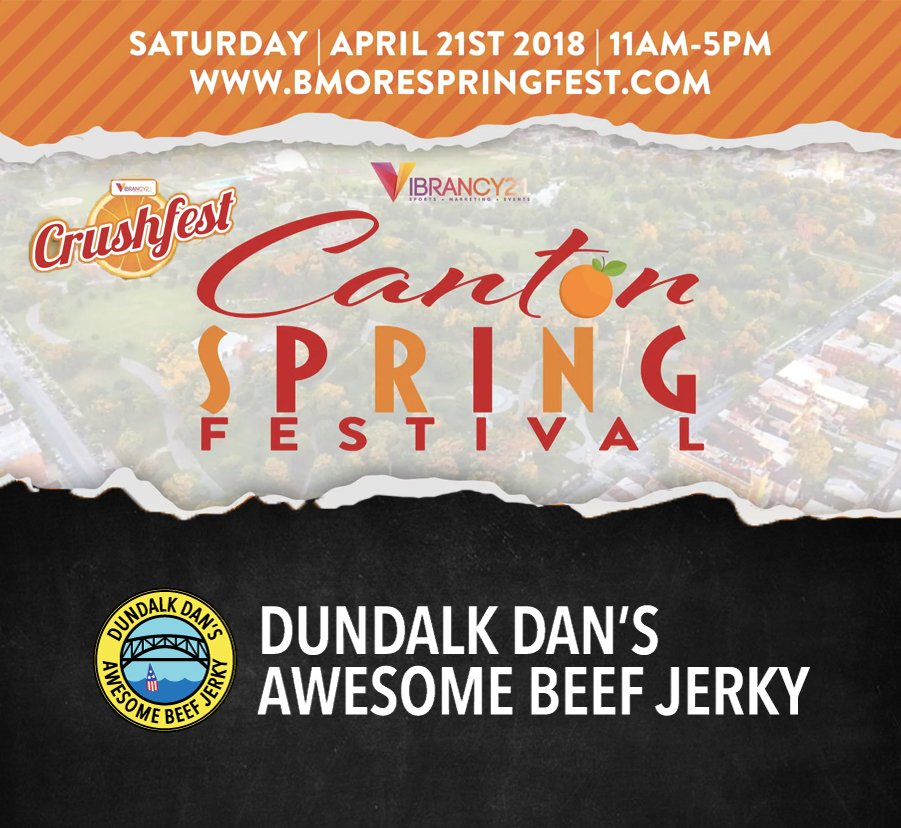 DundalkDan's tweet photo. Come visit us today at the #CantonSpringFest happening NOW!🍊 This outdoor festival features food, drinks, #livemusic, kid zone, 100+ local vendors, family fun and more! Portion of proceeds will benefit the @FRPattersonPark #Baltimore #beefjerky https://t.co/ILHUkRA6yX