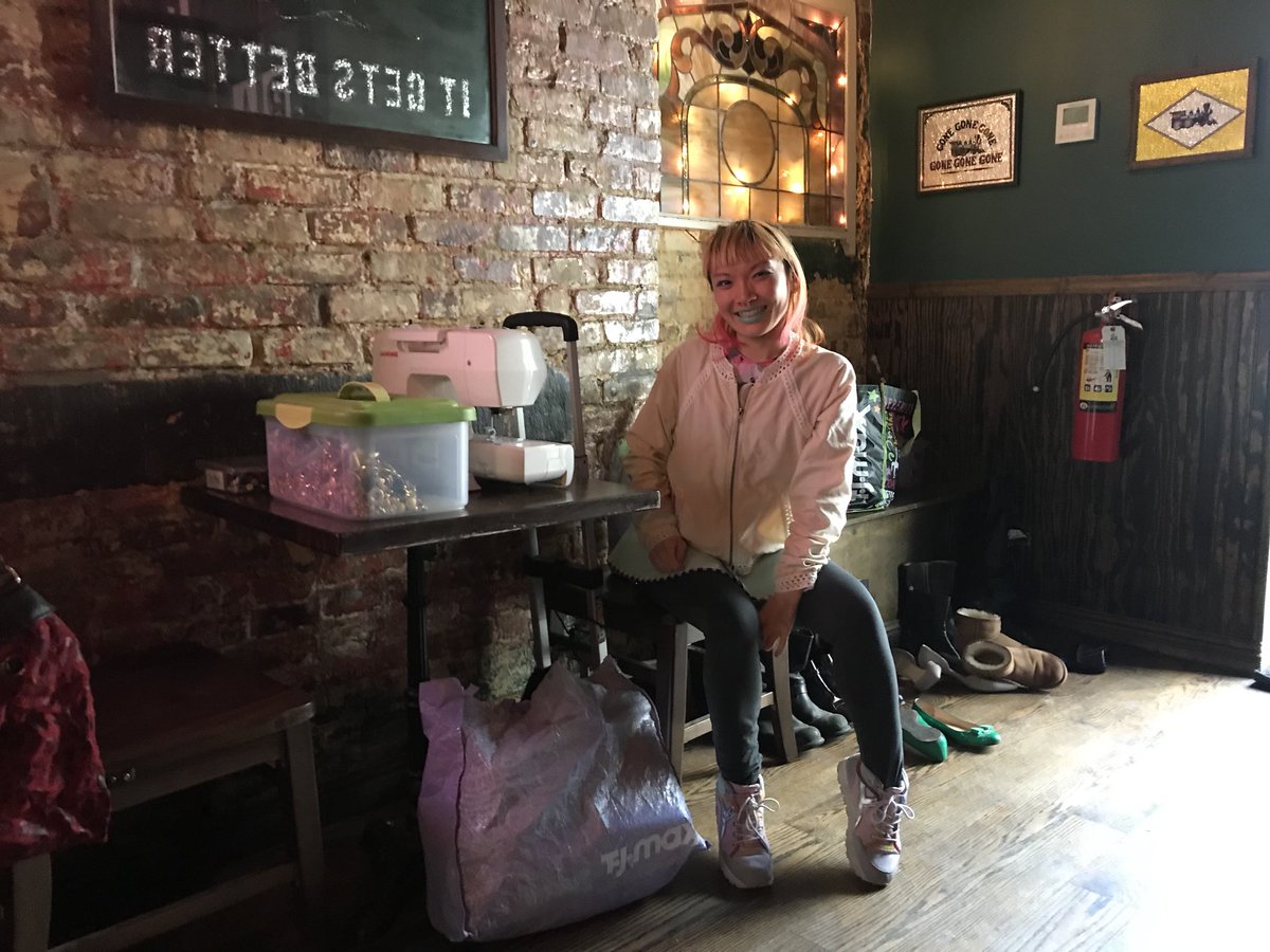 LuckyonB's tweet photo. Clothing Swap &amp; Upcycle Event happening now! Teagan is here to help you with alterations and mending. Plus we have bling! And drink specials! https://t.co/kYZCjsx7sx