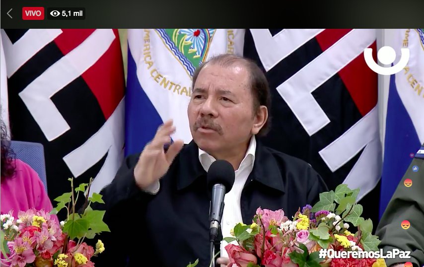 nicadispatch's tweet image. Daniel Ortega has reappeared for the first time since this week&apos;s bloody protests started. He&apos;s giving a live address on state TV— a long and wandering history lesson. Right now he&apos;s made it up to Feb. 5, 1990. #SOSNicaragua