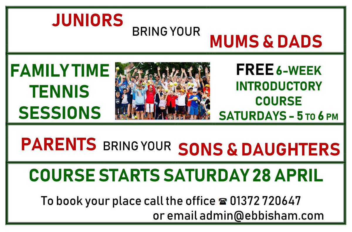 FREE Family Time Tennis Sessions on Saturdays 5-6pm for 6 weeks introductory course starting on Saturday 28th April. Book your place. Call the Ebbisham Office on 01372 720647 or email admin@ebbisham.com. All equipment provided!