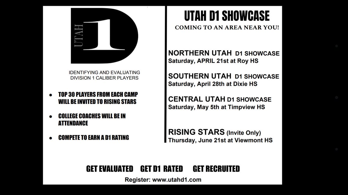 🚨UTAH D1 SHOWCASE🚨

   💥💥💥UPDATE💥💥💥

There will be D1 coaches at each Showcase. 

The Northern Utah Showcase starts today at 3pm. Players need to arrive by 2:00 pm. 

The top players in Northern Utah will be at Roy HS today. #UtahD1 #D1Plan