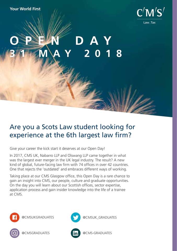 MaxWiktorsson's tweet photo. Are you a first or second year law student in Scotland and want to pursue a career in commercial law? Then @CMSUK_Graduates could be the firm for you! Register for their open day at their Glasgow office on the 31st of May! #YourWorldFirst https://t.co/OP0PXCujfa