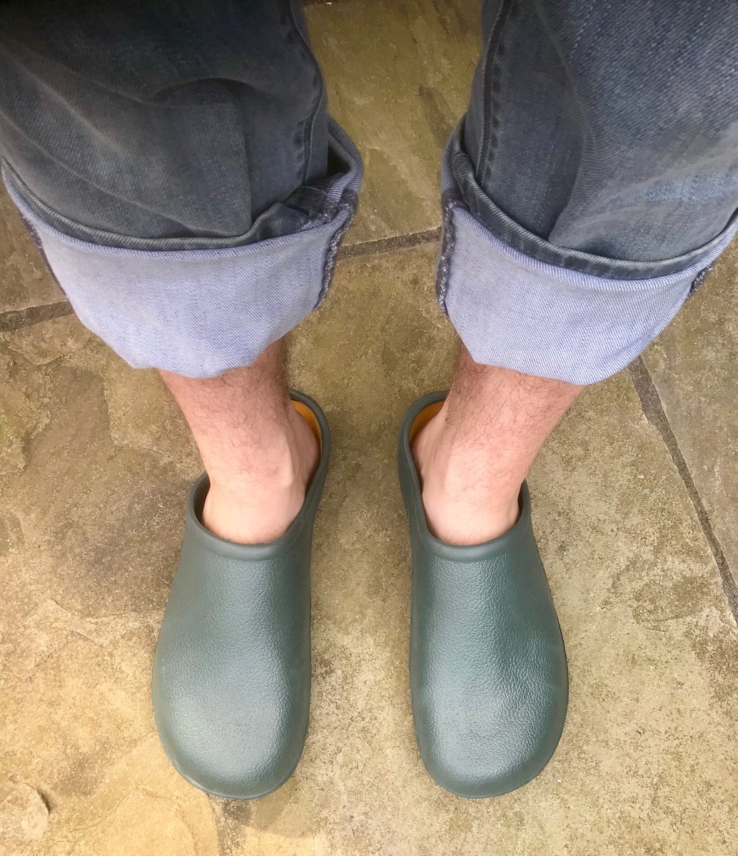 BennettJYoung's tweet photo. After years of resistance, I’ve finally caved in and bought some garden clogs. My sense of style is taking a hit, but they’re darn convenient for popping out to water the greenhouse. I wonder if anyone else is brave enough to share their high fashion garden footwear #clogoff https://t.co/JR6qs9JzAo