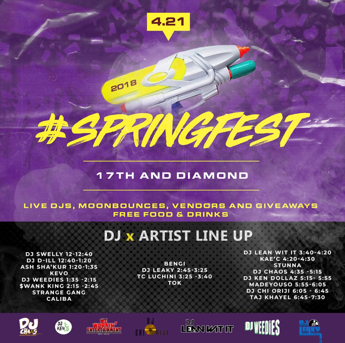 TempleSwag's tweet photo. #Springfest2k18 weekend Lineup cc: @OjLaJuice @daveyxdave @The_DjChaos @DJLEANWITIT @djkendollaz @DJ_Weedies @DJChiOriji @TajKHoChoy https://t.co/PP850UwjfT