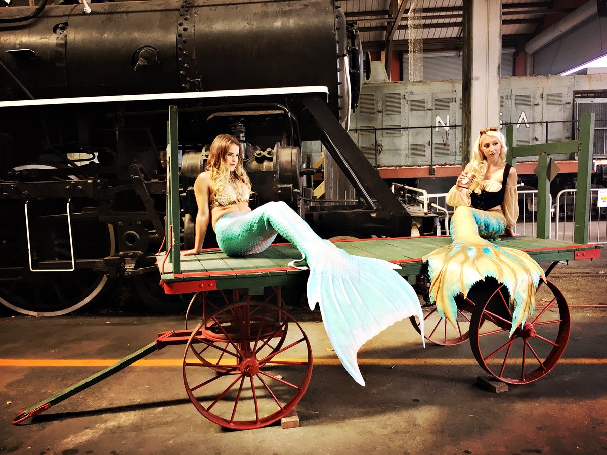 rivet_nation's tweet photo. Mermaids are here! At the @Goldcoast_RR with @bluemermaiddesigns #mermaid #siren #train #steamengine #steampunk #rivetnation #rail #steampunkunderthesea #unerwater #miami https://t.co/ircuKdLnl8